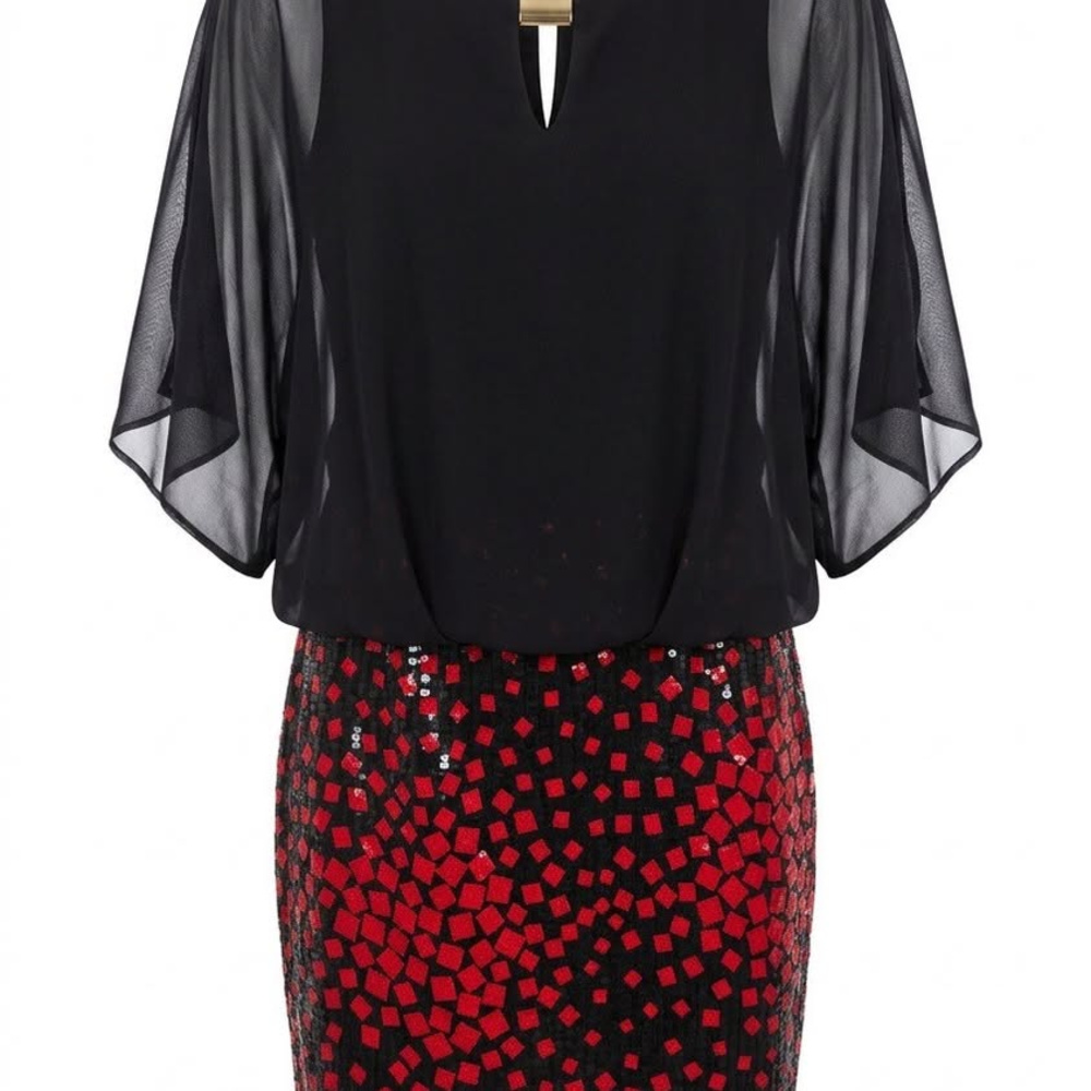 Polyester dress, Chelsea Suite, black top with red geometric block print skirt,